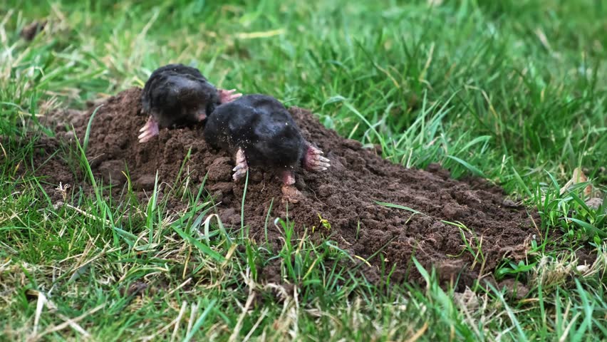 Mating of moles. Two moles mate on the surface of a dug-out pile. Breeding season. Talpa europaea side view close-up. An animal with black fur. Garden pest concept. High quality 4k footage.