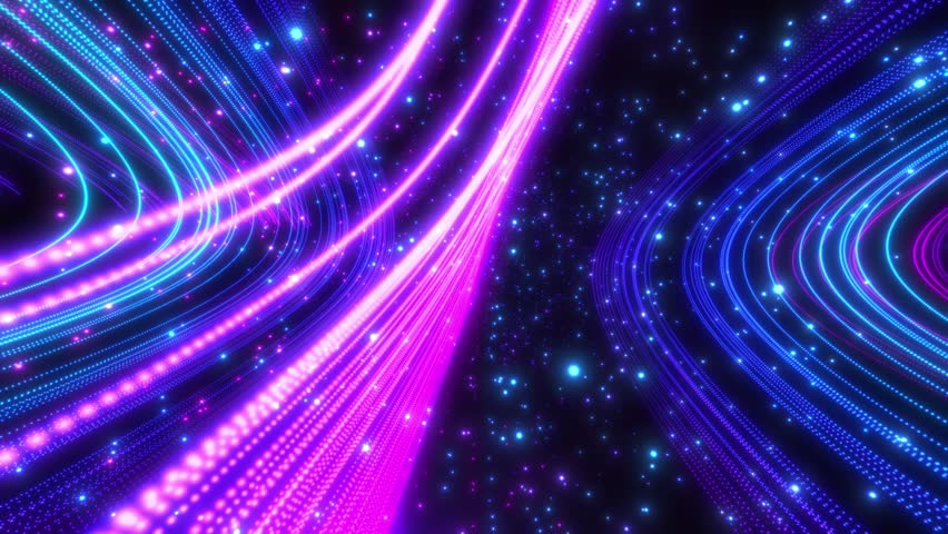 Digital futuristic tunnel or travel in time and space at high speed, moving bright neon lines and a stream of glowing particles. High-tech corridor, warp speed, wormhole
