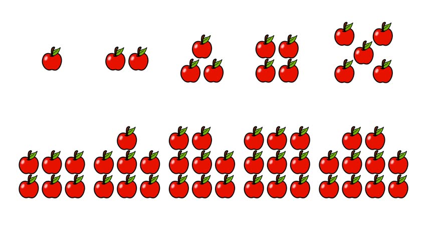 Educational illustration teaching counting from 1 to 10 using simple red apples, learning basic number recognition and counting skills, elementary school math lessons, worksheets, classroom decoration