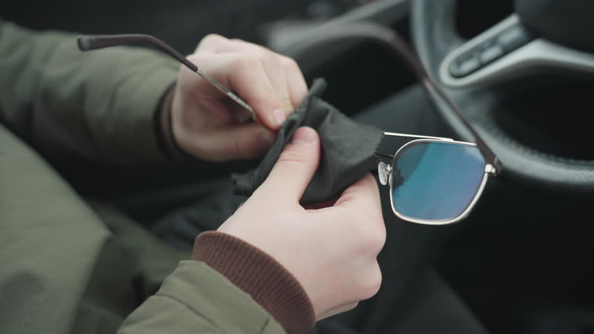 Partial driver view cleaning glasses lens with soft cloth inside car cabin showing hands wiping spectacles near steering wheel under natural daylight capturing maintenance action in modern interior