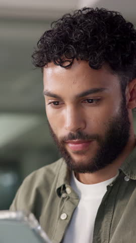 Thinking, tablet and business man in office for planning, research report and proposal. Professional, company consultant and person with ideas on digital tech for project, online website and internet