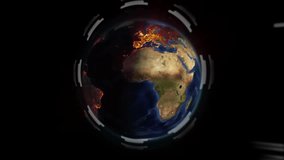 Animated 3D Earth globe rotating in scene, glowing with orange network lines and HUD elements. Technology, data visualization, virtual reality, digital interface, cyber, futuristic, innovation - Powered by Shutterstock - Get 15% off with code: PIKWIZARD15