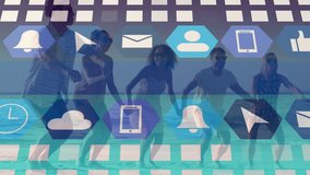 Group of friends jumping on sandy beach, highlighting social media technology with hex icons. Celebration, camaraderie, outdoor, adventure, connectivity, leisure, vibrant - Powered by Shutterstock - Get 15% off with code: PIKWIZARD15