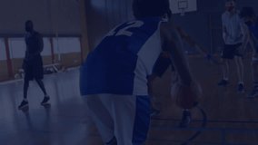 Basketball players running drill in gym, streaming code overlay with technology stats. Athletes, teamwork, robotics, competition, digital, training, fitness - Powered by Shutterstock - Get 15% off with code: PIKWIZARD15