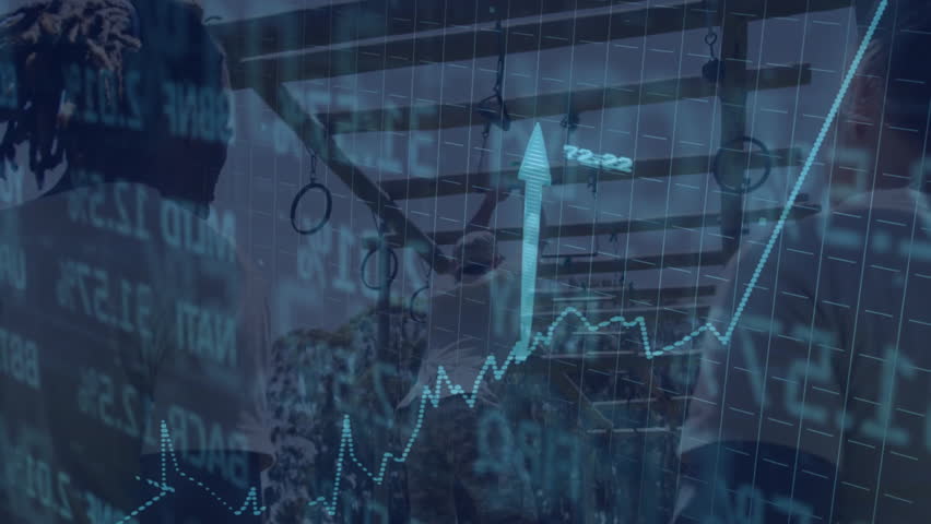 Fitness partners swinging on gymnastic rings in outdoor gym, featuring animated finance arrow chart. Outdoor, fitness, strength, athleticism, mobility, determination, performance - Powered by Shutterstock - Get 15% off with code: PIKWIZARD15