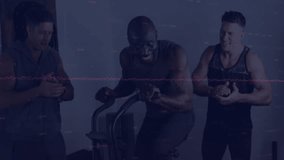Three men pushing air bike in fitness studio, checking fitness tracker, showing data overlays. Athletic, teamwork, motivation, modern, exercise, contemporary, strength - Powered by Shutterstock - Get 15% off with code: PIKWIZARD15
