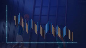 team dribbling basketball on gym floor, featuring sports analytics bar chart and line graph. Athletics, teamwork, fitness, urban, energetic, motivation, competition - Powered by Shutterstock - Get 15% off with code: PIKWIZARD15