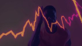 man studying neon financial chart lines in studio, interacting with upward arrow and pink traces. Futuristic, technology, analytics, data visualization, digital, innovation, finance - Powered by Shutterstock - Get 15% off with code: PIKWIZARD15