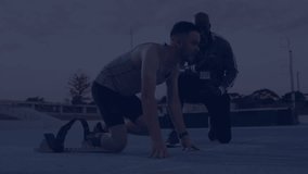 male athlete kneeling adjusting shoe on sports court, coach guiding with technology code overlaying. Fitness, mentorship, outdoor, sport, technology, training, coaching - Powered by Shutterstock - Get 15% off with code: PIKWIZARD15