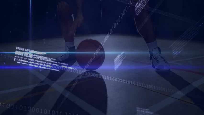 male soccer player dribbling ball on sports data field, displaying binary code and chart overlays. Futuristic, technology, sports, analytics, digital, competition, teamwork - Powered by Shutterstock - Get 15% off with code: PIKWIZARD15