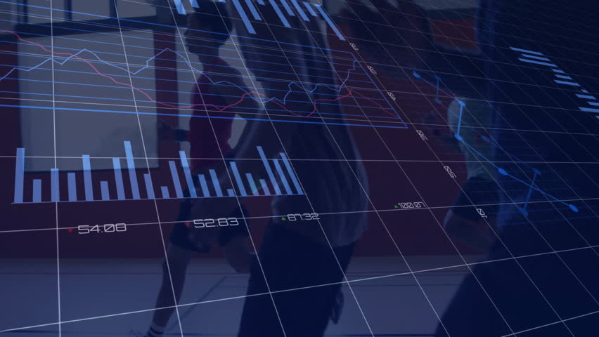 Silhouetted male player holding basketball showing sports data chart as teammate running court. Athletic, teamwork, performance, technology, training, fitness, analysis