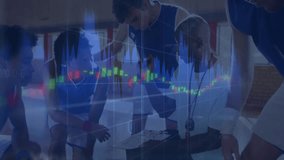 Coach instructing basketball players in court, overlaying finance candlestick chart with highlights. Athletics, mentorship, strategy, teamwork, training, performance, analysis - Powered by Shutterstock - Get 15% off with code: PIKWIZARD15
