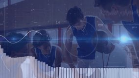 Sports team leaning over strategy board in gym mixing technology charts and waveform analytics. Athletic, teamwork, innovation, data, analysis, collaboration, futuristic - Powered by Shutterstock - Get 15% off with code: PIKWIZARD15