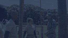 Instructor and trainees climbing rope in outdoor military training ground, with data points overlay. Teamwork, leadership, endurance, adventure, physical activity, challenge, outdoor - Powered by Shutterstock - Get 15% off with code: PIKWIZARD15