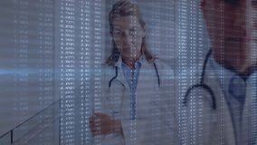 Senior female doctor and male doctor wearing stethoscopes analyzing medical data overlay and charts. Healthcare, innovation, professionalism, data analytics, collaboration, modern, clinical - Powered by Shutterstock - Get 15% off with code: PIKWIZARD15