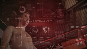 male boxer gripping red ropes inside ring as futuristic tech HUD displaying charts gauges world map. Athlete, performance, innovation, strength, determination, digital, intensity - Powered by Shutterstock - Get 15% off with code: PIKWIZARD15