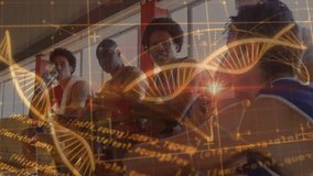 Male basketball players sitting on bench in gym, showing sports technology via DNA helix data grid. Athletic, team, camaraderie, innovation, strength, fitness, teamwork - Powered by Shutterstock - Get 15% off with code: PIKWIZARD15