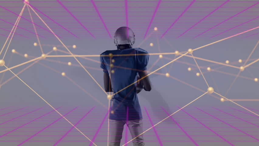 Football player holding ball, presenting sports tech demo, displaying glowing nodes and purple grid. Athlete, innovation, futuristic, digital, connectivity, performance, motion
