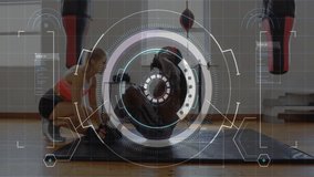 trainee performing sit-ups on mat, trainer holding feet, HUD overlay displaying fitness data. Strength, fitness, workout, training, technology, innovation, wellness - Powered by Shutterstock - Get 15% off with code: PIKWIZARD15
