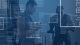 Business associates holding laptop facing each other in technology, showcasing floating code panels. Technology, collaboration, innovation, digital, corporate, futuristic, networking - Powered by Shutterstock - Get 15% off with code: PIKWIZARD15