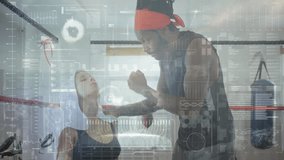 female boxer resting towel-draped corner, male trainer coaching with HUD overlaying fitness data. Athlete, coaching, digital, performance, strength, training, motivation - Powered by Shutterstock - Get 15% off with code: PIKWIZARD15