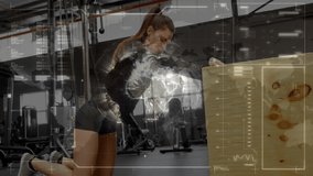 woman kneeling on gym floor leaning on plyometric box, overlaying digital fitness data interface. Fitness, strength, technology, wellness, determination, workout, training - Powered by Shutterstock - Get 15% off with code: PIKWIZARD15