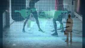 Two male boxers sparring in gym with gloves, showing fitness data with digital world map overlay. Athleticism, training, fitness, technology, sport, strength, competition - Powered by Shutterstock - Get 15% off with code: PIKWIZARD15