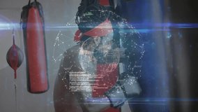 Male boxer punching bag in gym showing holographic tech network with data streams. Athlete, fitness, digital, innovation, strength, training, technology - Powered by Shutterstock - Get 15% off with code: PIKWIZARD15