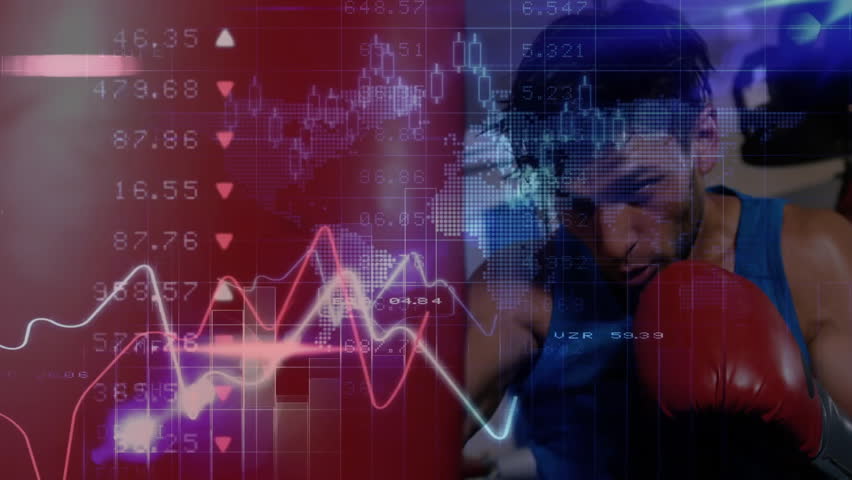 Male boxer striking heavy punching bag in gym, with financial charts and numeric data overlay. Athlete, fitness, dynamic, energetic, modern, health, strength - Powered by Shutterstock - Get 15% off with code: PIKWIZARD15
