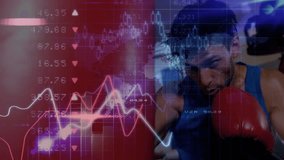 Male boxer striking heavy punching bag in gym, with financial charts and numeric data overlay. Athlete, fitness, dynamic, energetic, modern, health, strength - Powered by Shutterstock - Get 15% off with code: PIKWIZARD15