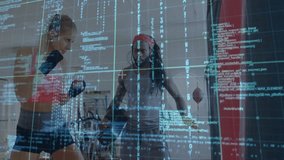 female boxer punching bag with coach guiding in fitness studio, displaying digital grid and code. Gym, training, fitness, technology, innovation, workout, athletic - Powered by Shutterstock - Get 15% off with code: PIKWIZARD15