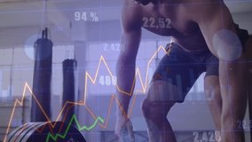 Mid-adult man chalking hands on loaded barbell in gym, presenting animated fitness graphs and data. Strength, fitness, training, endurance, motivation, industrial, modern - Powered by Shutterstock - Get 15% off with code: PIKWIZARD15