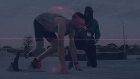 Male athlete kneeling with prosthetic blade on track in health training, coach timing with graph. Adaptive sports, athletics, motivation, performance, endurance, determination, modern design - Powered by Shutterstock - Get 15% off with code: PIKWIZARD15