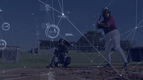 Baseball batter swinging at home plate, integrating animated HUD graphics for sports analytics. Athletics, competition, digital, visualization, performance, field, equipment - Powered by Shutterstock - Get 15% off with code: PIKWIZARD15