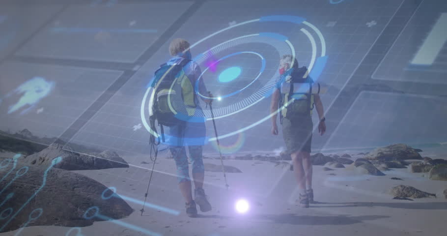 Hiking partners trekking along rocky shore, tech HUD showing moving circular charts and data grid. Adventure, exploration, outdoor, technology, navigation, scenic, lifestyle