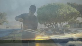 Senior woman adjusting kayak gear in coastal travel dashboard, with animated compass map icons. Adventure, outdoor recreation, maritime, leisure, nature, tranquility, sunset - Powered by Shutterstock - Get 15% off with code: PIKWIZARD15