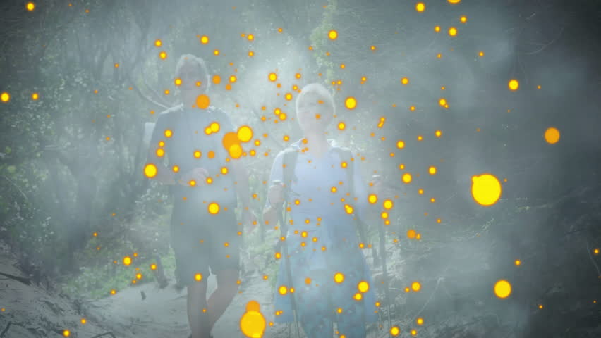 Health scene showing woman leading with poles and man hiking misty forest trail, with floating orbs. Adventure, exploration, nature, tranquility, wilderness, outdoor, serenity