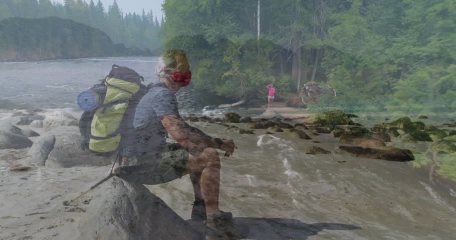 Hiking companions pausing riverside, engaging travel marketing with floating map icons and chart. Adventure, exploration, wilderness, outdoor, trekking, nature, recreation