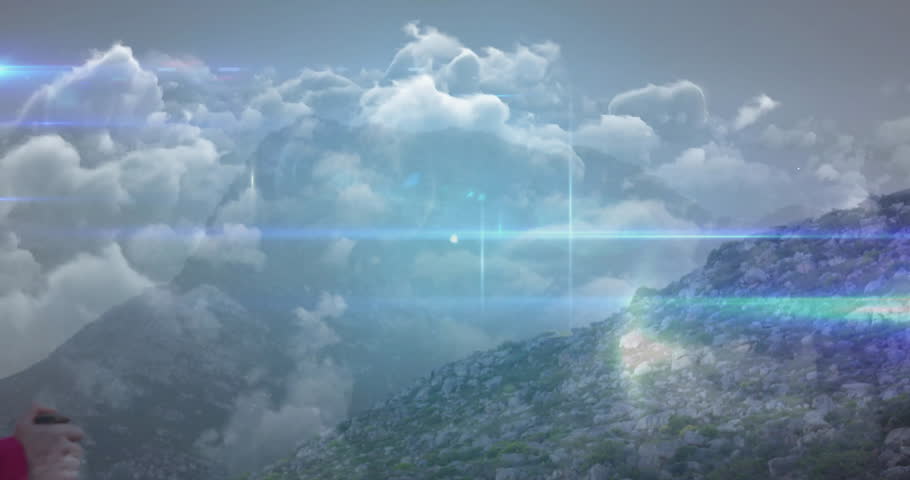 couple standing surveying ridge with backpacks, digital nodes overlay blending technology motifs. Adventure, exploration, technology, nature, connection, summit, rugged