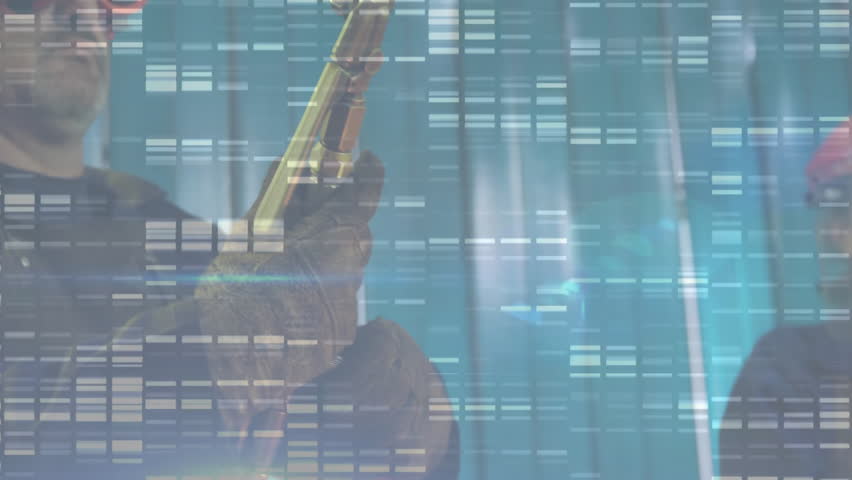 Welder holding torch wearing red goggles in factory, featuring animated glitch code blocks. Industrial, craftsmanship, security, technology, manufacturing, safety, futuristic