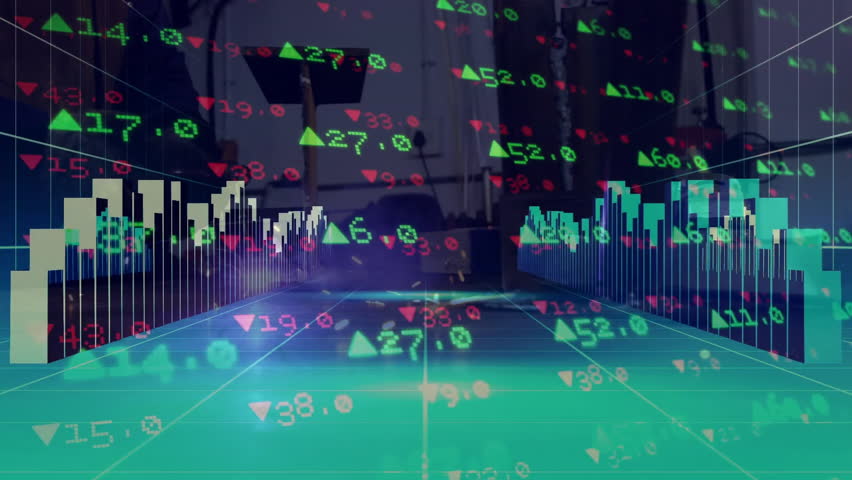 Man viewing screen in office, overlaying finance data with green bar charts and red line graphs. Technology, finance, analytics, data visualization, business, digital, futuristic - Powered by Shutterstock - Get 15% off with code: PIKWIZARD15