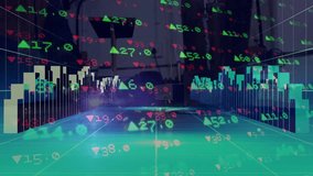 Man viewing screen in office, overlaying finance data with green bar charts and red line graphs. Technology, finance, analytics, data visualization, business, digital, futuristic - Powered by Shutterstock - Get 15% off with code: PIKWIZARD15