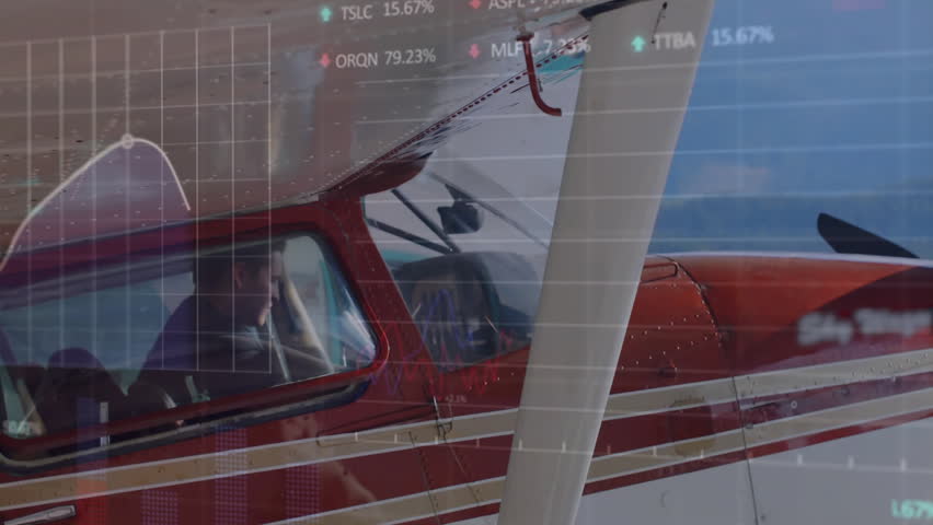 pilot sitting in cockpit of red white airplane, showing stock market grid and charts. Aviation, finance, technology, adventure, navigation, innovation, countdown - Powered by Shutterstock - Get 15% off with code: PIKWIZARD15