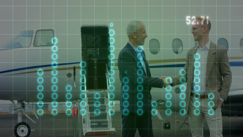 Businessmen shaking hands on airport tarmac beside private jet, showing financial data overlay. Corporate, professionalism, transaction, innovation, technology, success, partnership - Powered by Shutterstock - Get 15% off with code: PIKWIZARD15