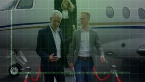 Two businessmen walking beside private jet pulling suitcase, showcasing animated financial graph. Corporate, travel, transportation, finance, luxury, professionalism, businessclass - Powered by Shutterstock - Get 15% off with code: PIKWIZARD15