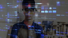 Welder wearing helmet and glasses in workshop, showcasing animated tech data bars over machinery. Industrial, craftsmanship, innovation, precision, machinery, technical, manufacturing - Powered by Shutterstock - Get 15% off with code: PIKWIZARD15