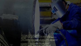 Man wearing welding helmet grinding metal workpiece in industrial plant showing green code overlay. Industrial, manufacturing, precision, craftsmanship, technology, machinery, workshop - Powered by Shutterstock - Get 15% off with code: PIKWIZARD15