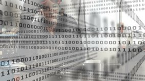 Woman wearing VR headset testing hardware components in tech lab, with floating binary code overlay. Technology, innovation, robotics, electronics, futurism, experimentation, digital - Powered by Shutterstock - Get 15% off with code: PIKWIZARD15