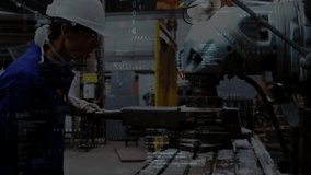 Machinist operating milling machine on factory floor, with floating binary code and C++ overlays. Industrial, manufacturing, technology, engineering, automation, precision, machinery - Powered by Shutterstock - Get 15% off with code: PIKWIZARD15