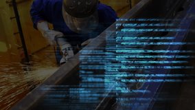 Metal fabricator welding metal with torch in industrial workshop, showing code overlay and sparks. Industrial, craftsmanship, safety, innovation, precision, engineering, technological - Powered by Shutterstock - Get 15% off with code: PIKWIZARD15